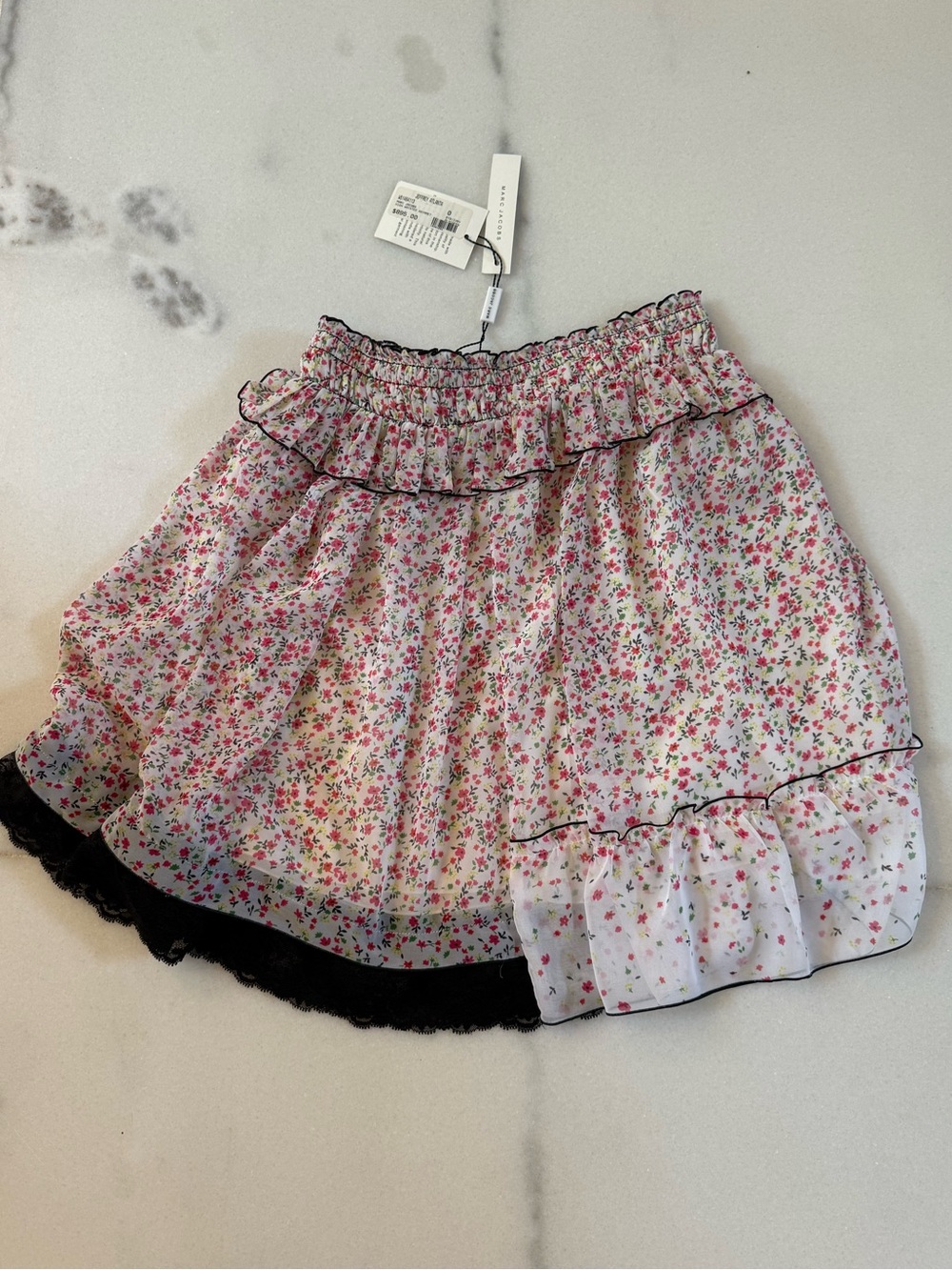 Marc Jacobs Pink Floral Ruffle Mini Skirt with Black Trim